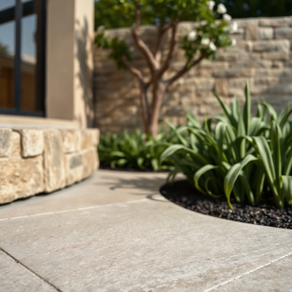 Detailed close up of premium limestone textures and precise joints in a luxury outdoor living space