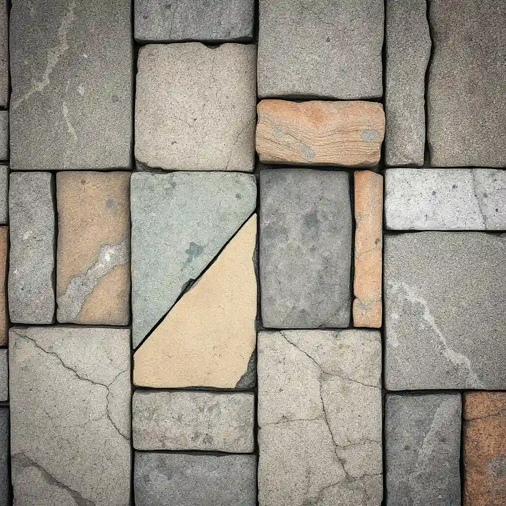 Abstract aerial texture of various stone paving materials arranged in a geometric grid
